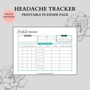 May include: Printable headache tracker planner page with a table to track headache details, including date, start time, end time, total time, severity, symptoms, triggers, treatment, and effectiveness. The page also includes a key and a notes section.