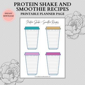 Protein Shake and Smoothie Recipe Printable | Recipe Book Page | Detox Smoothie | Protein Shake Recipe