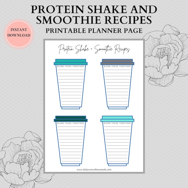 Protein Shake and Smoothie Recipe Printable | Recipe Book Page | Detox Smoothie | Protein Shake Recipe V2