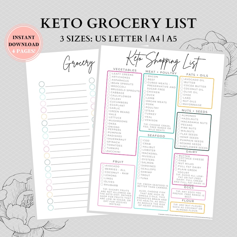 May include: A printable keto grocery list with checkboxes for various food categories, including vegetables, meat and poultry, fats and oils, nuts and seeds, seafood, fruit, and dairy. The list includes tips for choosing keto-friendly options.