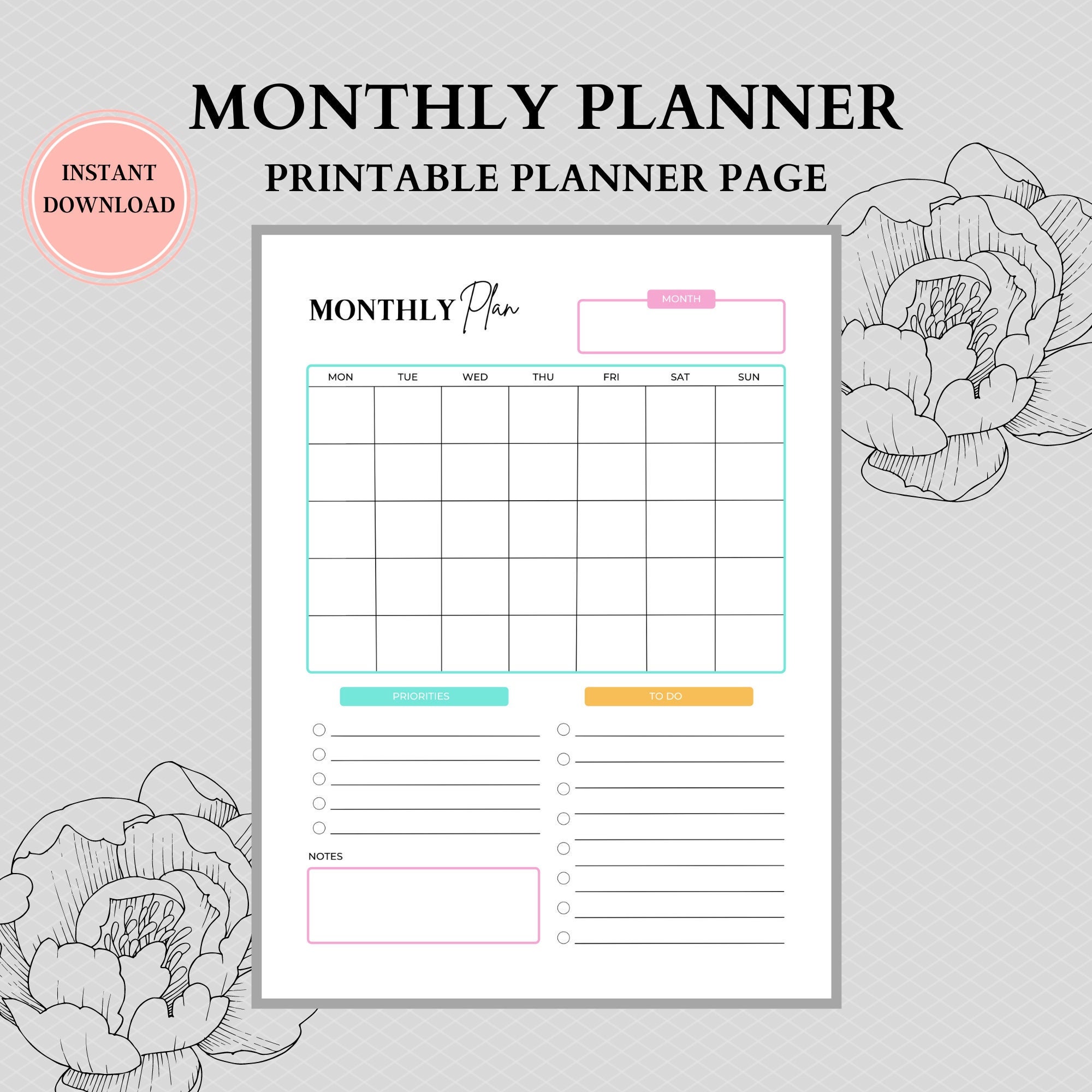 Undated Monthly Planner Printable Month at A Glance Monthly - Etsy