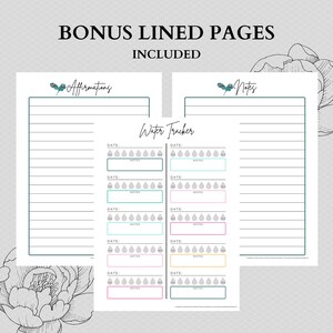 May include: Two printable pages with lined paper for journaling, affirmations, and notes. The pages also include a water tracker with a space for notes and a date for each day. The pages are decorated with a floral design.