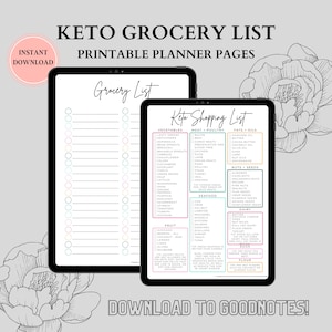 May include: Printable keto grocery list planner pages with checkboxes for vegetables, fruits, meat, poultry, seafood, fats and oils, nuts and seeds, dairy, and eggs. The pages are designed for use with the Goodnotes app.