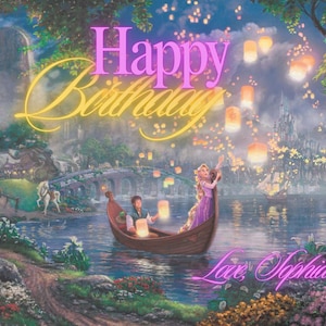May include: A whimsical birthday card featuring a couple in a boat on a lake surrounded by floating lanterns. The text "Happy Birthday" is written in pink and yellow letters. The card also includes the text "Love, Sophia".