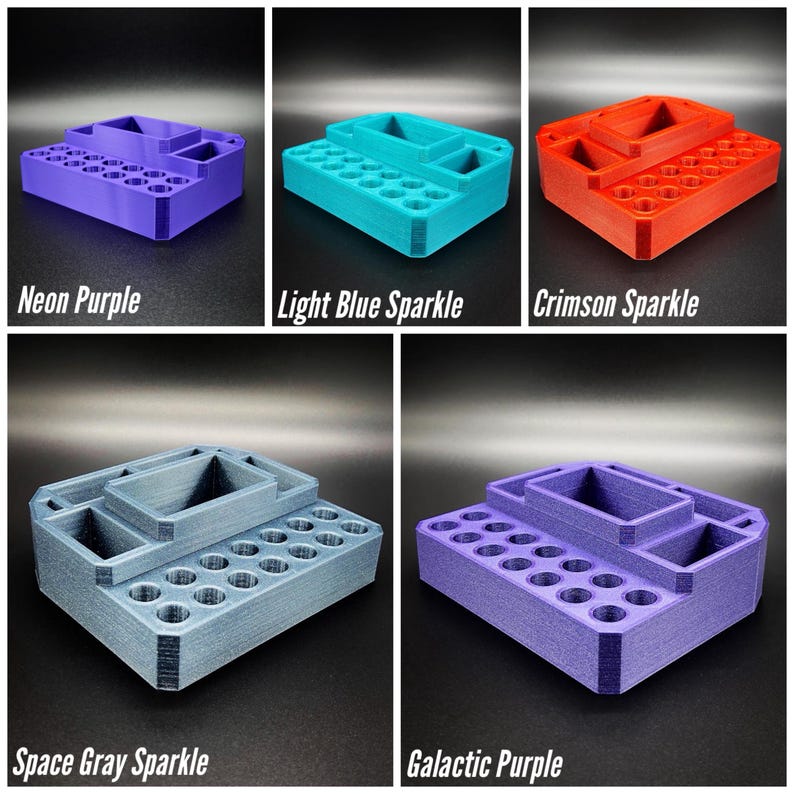May include: A multi-compartment organizer in various colors: neon purple, light blue sparkle, crimson sparkle, space gray sparkle, and galactic purple. Each organizer has multiple holes and rectangular compartments. The text on the image reads "Neon Purple", "Light Blue Sparkle", "Crimson Sparkle", "Space Gray Sparkle", and "Galactic Purple".