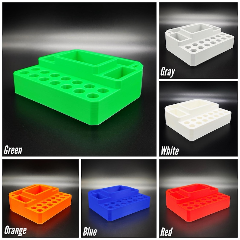 May include: A multi-compartment desk organizer in various colors, including green, gray, white, orange, blue, and red. The organizer features multiple sections and a series of small circular holes, ideal for storing pens, pencils, and other office supplies.