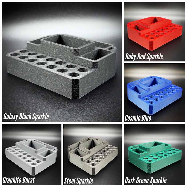 May include: A multi-compartment organizer in various colors, including Galaxy Black Sparkle, Ruby Red Sparkle, Cosmic Blue, Graphite Burst, Steel Sparkle, and Dark Green Sparkle. Features multiple holes and compartments for storage.