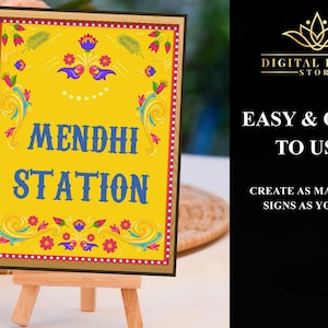Mehndi Station Sign as Mehndi signs, Henna station sign, Dholki decoration & Indian Wedding decor, Mehendi decoration as Henna Station Signs