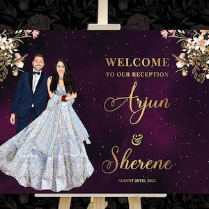 Welcome To Our Reception Signs, Wine and Gold Reception Welcome Signs, Indian Reception Signages, Custom Portrait Sign Indian Couple Signage