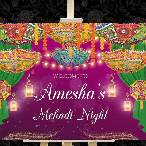 Mehendi Welcome Signages, Mehndi Signs Lanterns Desi decor signs, Mehandi Signs, Mehndi Welcome signage with Umbrella & Lantern Decorations