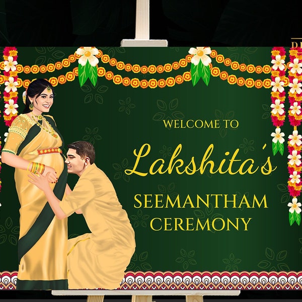 Sreemantham signs & Valaikappu Seemantham welcome sign, Indian Baby shower welcome sign as Godh Bharai welcome sign, Indian Baby shower sign
