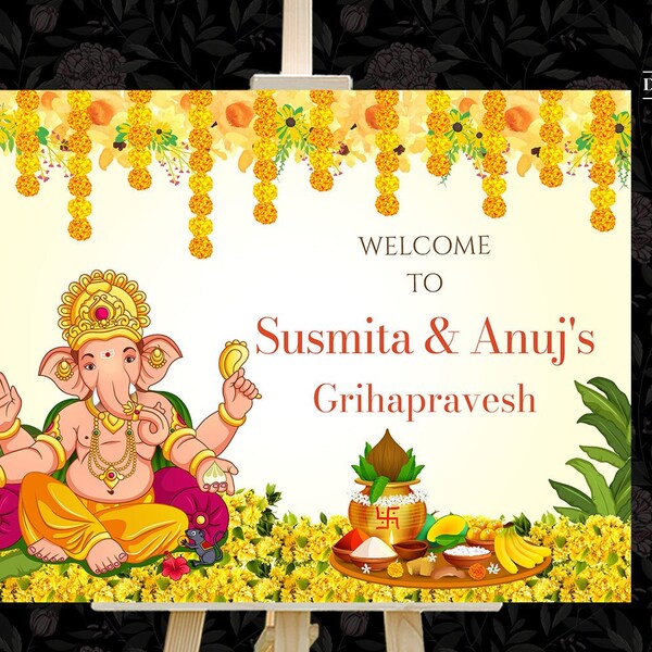 Ganesha Wedding Welcome Signs, Griha Pravesh signs as Indian Home Welcome signages, Graha Pravesh Signages as Ganesh puja welcome sign board