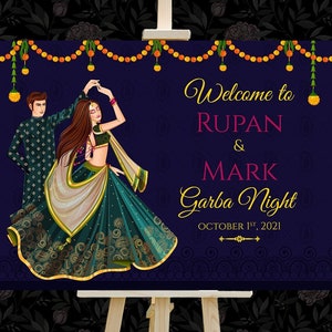 Garba Ceremony Welcome Signs, Garba Night Signages,Indian Sangeet decor Garba Sign Board,Floral Welcome Signs as Indian Couple Garba Signage