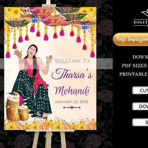 Custom Portrait Indian Bride Mehendi Welcome signs, Henna Signage Board, Indian Wedding Welcome Signage Mehandi as Mehendi Welcome Signage