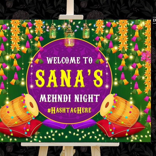 Mehendi Welcome Signage Board, Mehndi Signs Dholki Desi decor, Indian decor signage Mendhi & Mehndi Welcome signage with Lantern Decorations