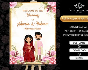 Welcome to our Wedding Signs, Floral Printable Wedding Welcome Sign Template, Cute Indian Couple Wedding Signage, Hindu Wedding Welcome Sign