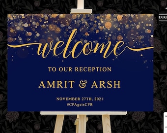 Blue and Gold Sparkle Reception Welcome Signs Indian, Burgundy Welcome To Our Reception Signs, Indian Wedding Reception Signage Printable