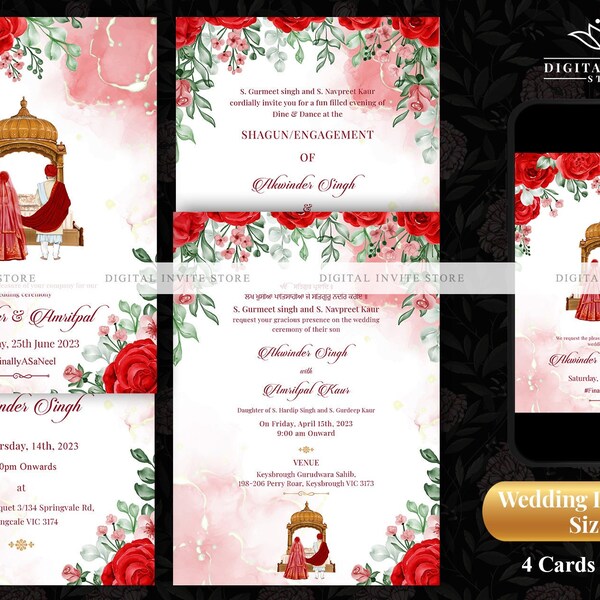 Punjabi Wedding Invitations as Anand Karaj Invitation Card as Red invitation cards, Indian Wedding Invitations as Sikh Invitation Template