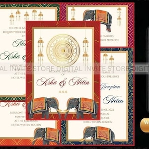 Hindu Wedding cards Set, Indian Wedding Digital Invites, Indian Wedding invitation, Indian Elephant Theme Invite cards as Indian invitations