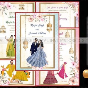Indian Wedding Digital Invite Set as Indian Caricature Wedding invitations & Hindu Wedding invitations, Indian Couple Wedding Invite cards