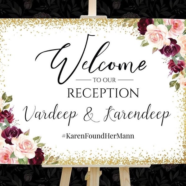 Burgundy and Gold Wedding Reception Welcome Signs Indian, Burgundy Welcome To Our Reception Signs, Indian Wedding Reception Signage Board