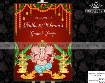 Ganesh puja signs & Ganesha welcome signs, Indian Housewarming welcome sign as Indian Pooja signs, Grihapravesh signs as Gruhapravesham sign