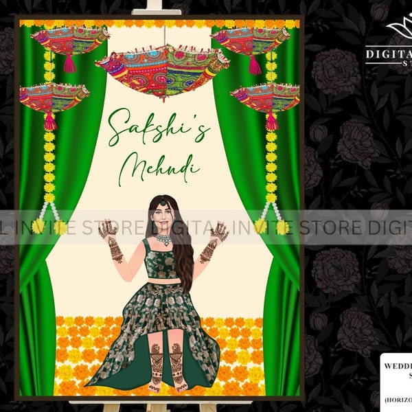 Mehendi Welcome Signage Board, Mehndi Signs Umbrella Desi decor, Indian Mehandi sign, Bridal Mendhi Welcome signage with Umbrella Decoratons