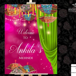 Mehendi Welcome Signage Board, Mehndi Signs Umbrella Desi decor, Indian decor sign Mendhi & Mendhi Welcome signage with Umbrella Decoratons