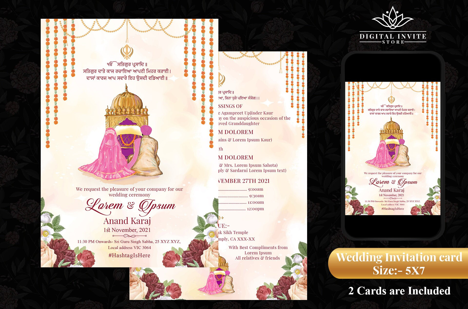 Anand Karaj Invitation Card as Punjabi Wedding Invitations as RSVP invitation cards, Indian Wedding Invitations as Sikh Invitation Template