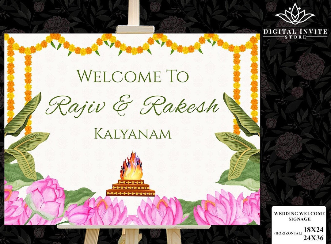 Telugu Wedding Sign, South Indian Ceremony Signage, Lotus Theme