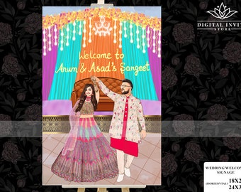 Welcome to our Sangeet Signage as Indian Wedding Couple Welcome Signs, Custom Portrait Sangeet Night Welcome Signs as Sangeet Party Signages