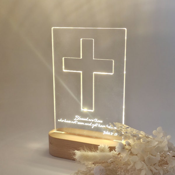 Veilleuse LED en croix personnalisée avec votre texte verset biblique Veilleuse personnalisée Cadeau de baptême Cadeau de confirmation Cadeau chrétien