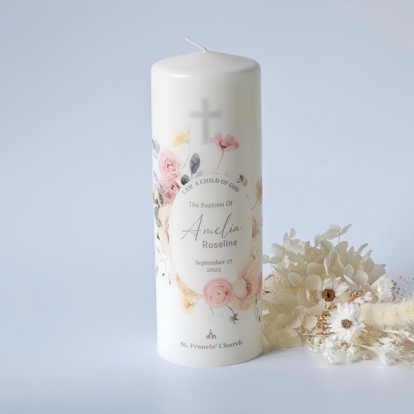 Personalised Baptism Candle, Customised Candle, Floral design with Names, Date, and Godparents, Baptism Gift, Christening Gift