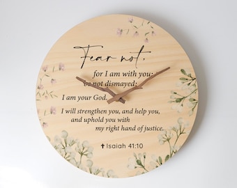 Bijbel vers wandklok, Jesaja 41:11, niet bang, christelijke klok, wand decor, houten klok