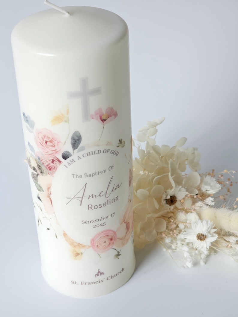 Personalised Baptism Candle, Customised Candle, Floral Design With