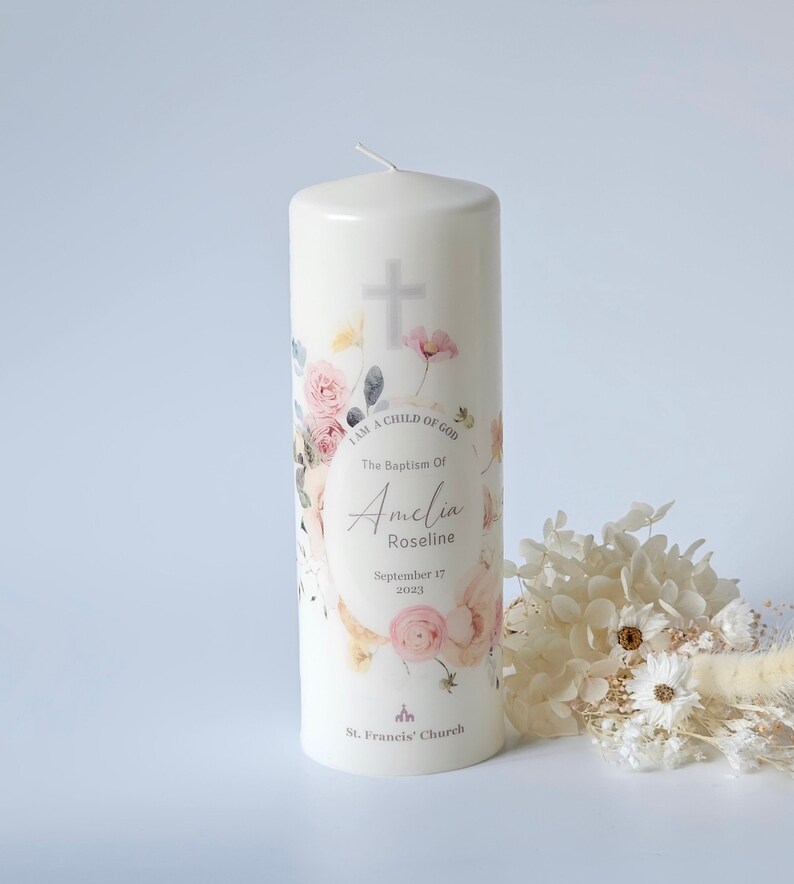 Personalised Baptism Candle, Customised Candle, Floral Design With
