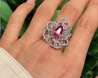 Lab created Pink Tourmaline sterling silver Floral Ring | Classic Cocktail Ring Gift for Her