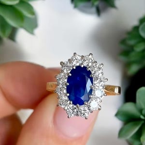 Blue Sapphire Halo Ring: Gold Plated Sterling Silver, CZ Diamonds