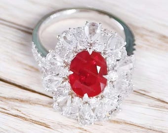 Oval Lab Ruby and CZ Diamond Halo Ring - Sterling Silver