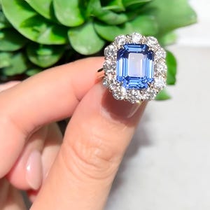 Emerald Cut Lab Sapphire Ring: CZ Diamond Halo, Sterling Silver