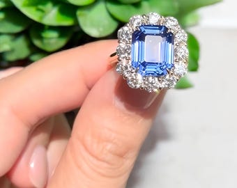 The Love In Sapphire Ring, &quot;Lab Created Royal Blue Sapphire Ring – Emerald Cut Center with Cz Diamond Surround&quot;