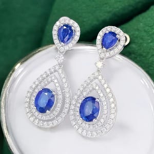 Blue Sapphire Dangle Earrings: Sterling Silver Teardrop Halo