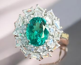 Queen Halo Ring, &quot;Oval Paraiba Tourmaline Lab Created Halo Ring – Vintage-Inspired Cocktail Ring with Sparkling Accents&quot;