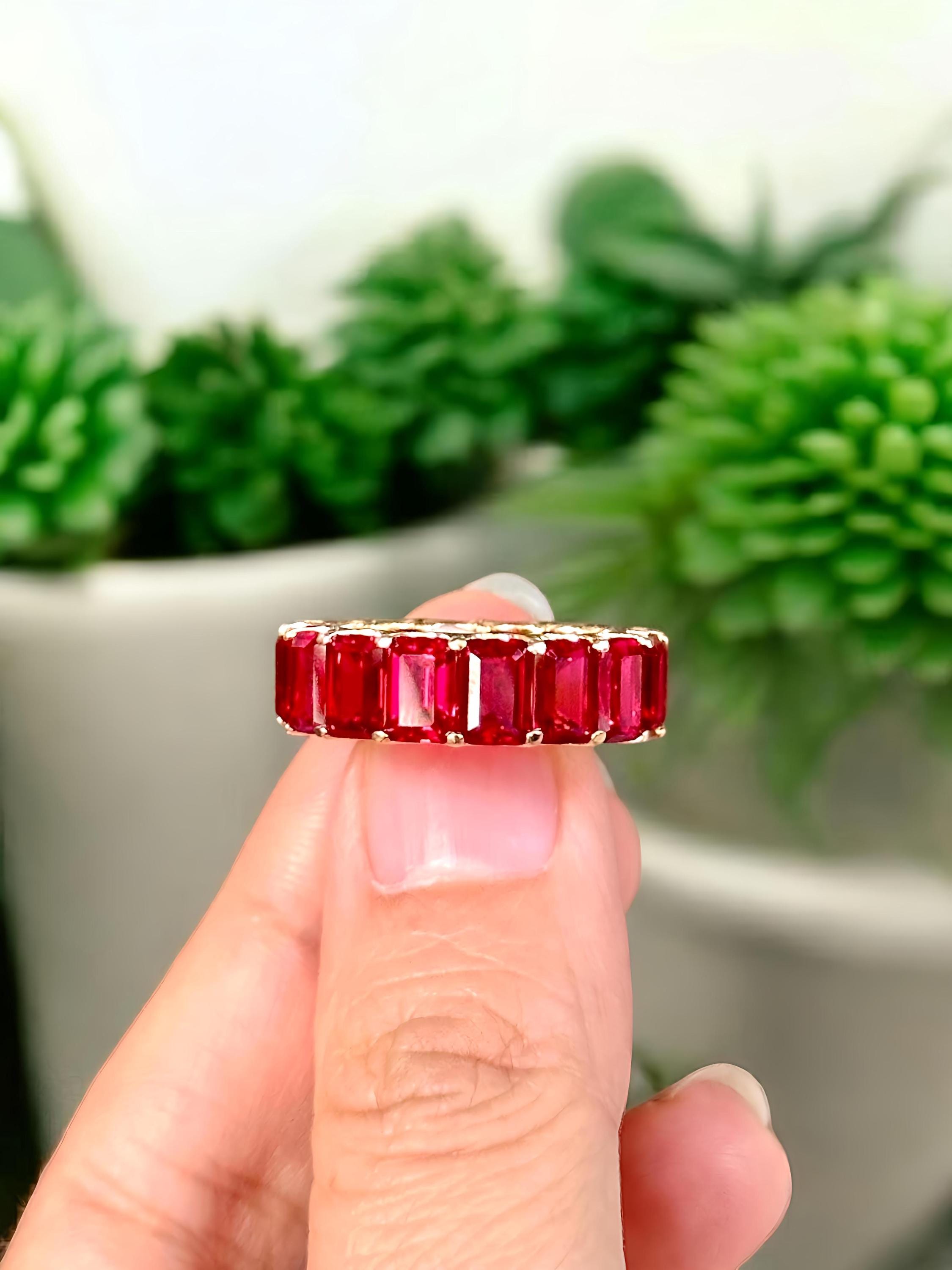 The Ruby Radiance Ring, "Scarlet Eternity Band – Emerald Cut Lab created Ruby Full Eternity Ring in Gold plated silver ring