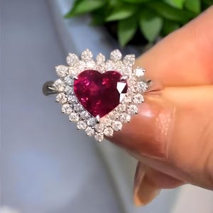 The Lover Crown Ring, Heart-Shaped Ruby Ring with Cz Diamond Halo – Romantic Vintage-Inspired Engagement or Anniversary Ring