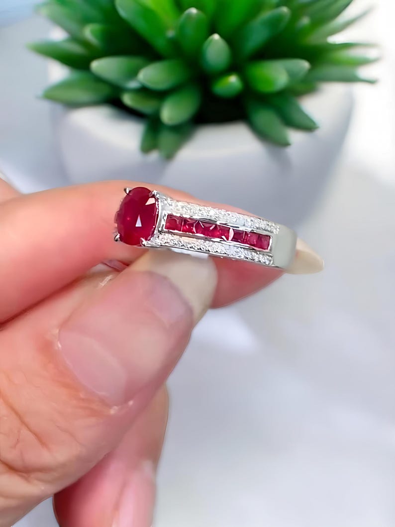 Oval Lab Created Ruby Engagement Ring, Sterling Silver Diamond Band ...