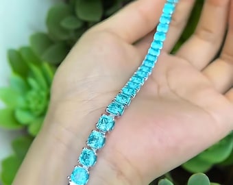 The Ocean Glow Bracelet, Elegant Cushion-Cut Paraiba Tourmaline Gemstone Tennis Bracelet