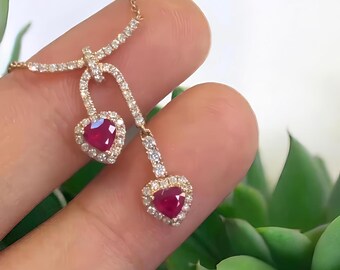Double Heart Ruby Necklace, Gold Chain Dainty Pendant, Red Gemstone Jewelry, Anniversary Gift