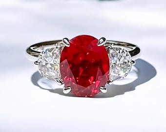 Oval Lab Ruby Ring: Sterling Silver Three Stone Engagement
