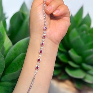 Ruby Red Drop Bracelet, Silver Link Bracelet with Teardrop Stones, Dainty Luxury Jewelry Gift